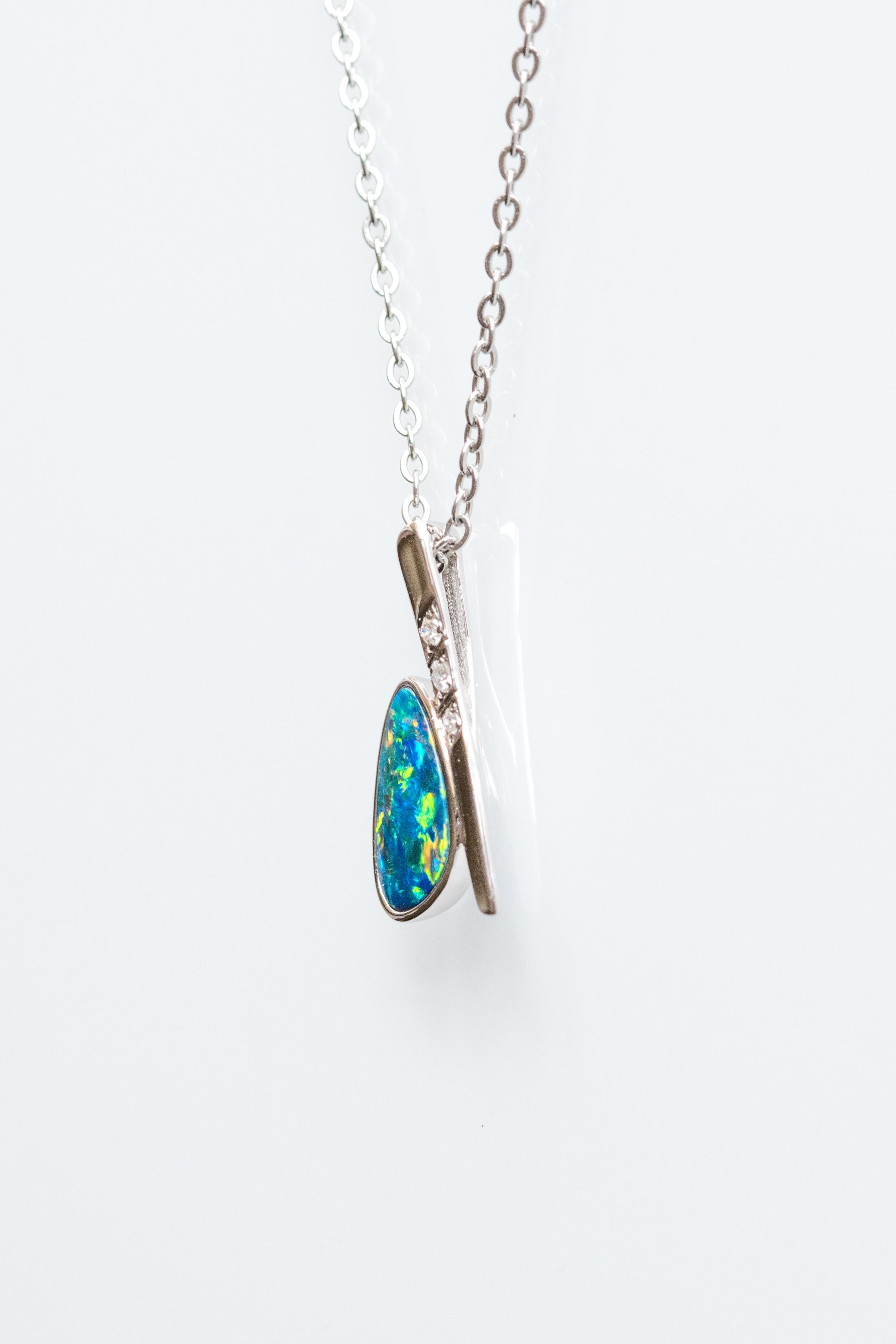 Australian Natural Opal in 14K Solid White Gold - Multi Color Fire Opal Necklace - Genuine Australian Doublet Opal Gem Stone Pendant