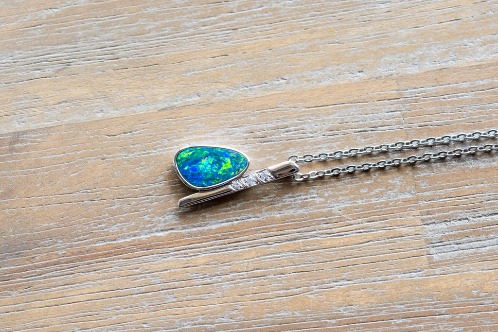 Australian Natural Opal in 14K Solid White Gold - Multi Color Fire Opal Necklace - Genuine Australian Doublet Opal Gem Stone Pendant