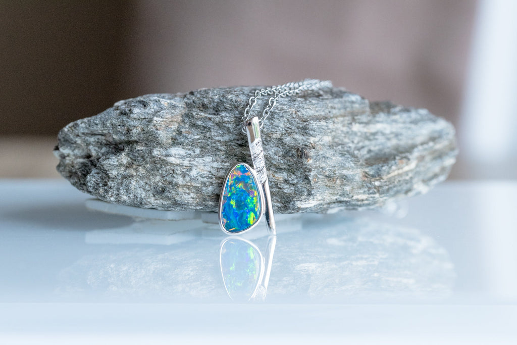 Australian Natural Opal in 14K Solid White Gold - Multi Color Fire Opal Necklace - Genuine Australian Doublet Opal Gem Stone Pendant