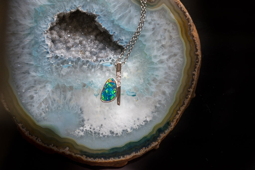 Australian Natural Opal in 14K Solid White Gold - Multi Color Fire Opal Necklace - Genuine Australian Doublet Opal Gem Stone Pendant