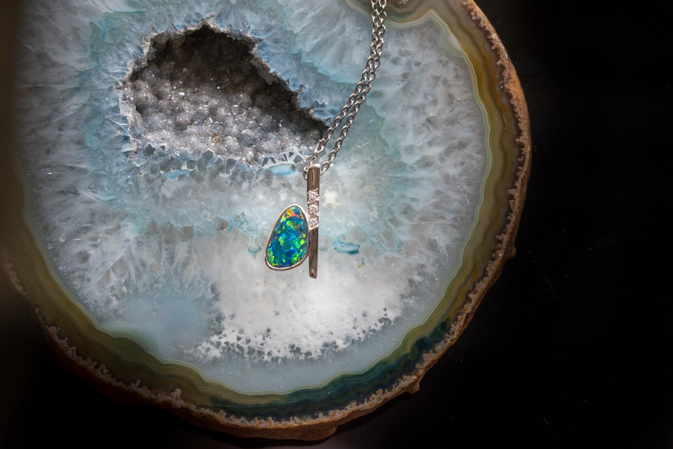 Australian Natural Opal in 14K Solid White Gold - Multi Color Fire Opal Necklace - Genuine Australian Doublet Opal Gem Stone Pendant