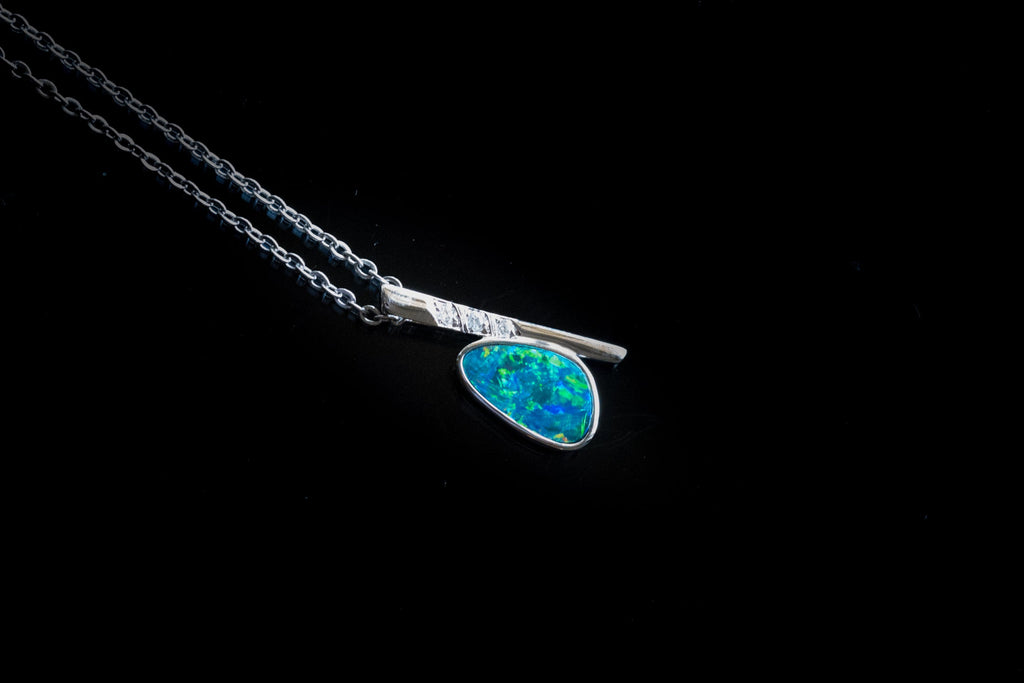 Australian Natural Opal in 14K Solid White Gold - Multi Color Fire Opal Necklace - Genuine Australian Doublet Opal Gem Stone Pendant