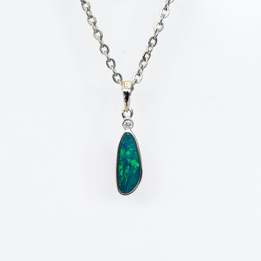 Australian Opal in 14K Solid White Gold - Fiery Opal Necklace - Genuine Australian Doublet Opal Gem Stone Pendant