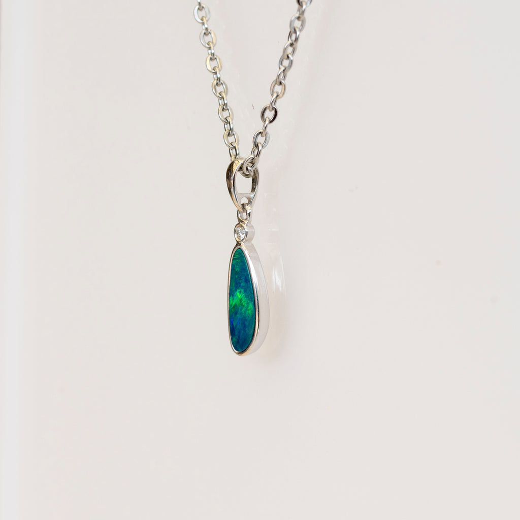 Australian Opal in 14K Solid White Gold - Fiery Opal Necklace - Genuine Australian Doublet Opal Gem Stone Pendant