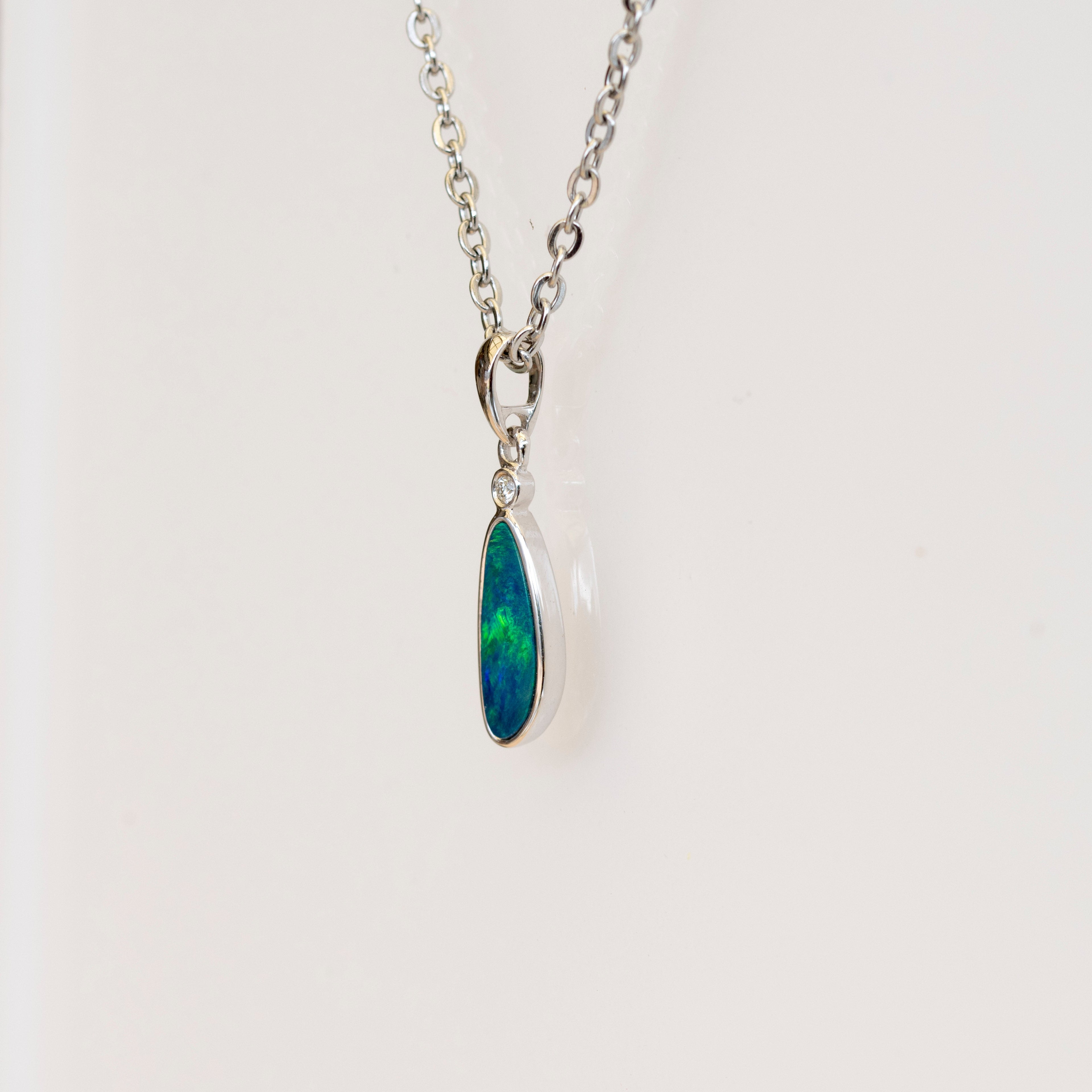 Australian Opal in 14K Solid White Gold - Fiery Opal Necklace - Genuine Australian Doublet Opal Gem Stone Pendant