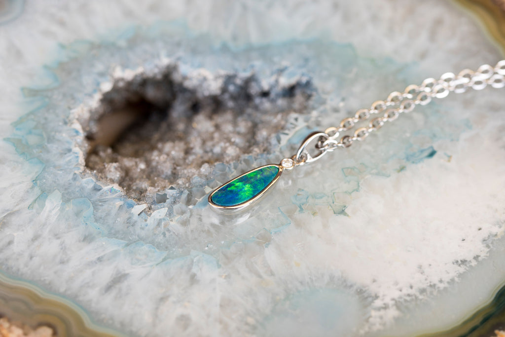 Australian Opal in 14K Solid White Gold - Fiery Opal Necklace - Genuine Australian Doublet Opal Gem Stone Pendant