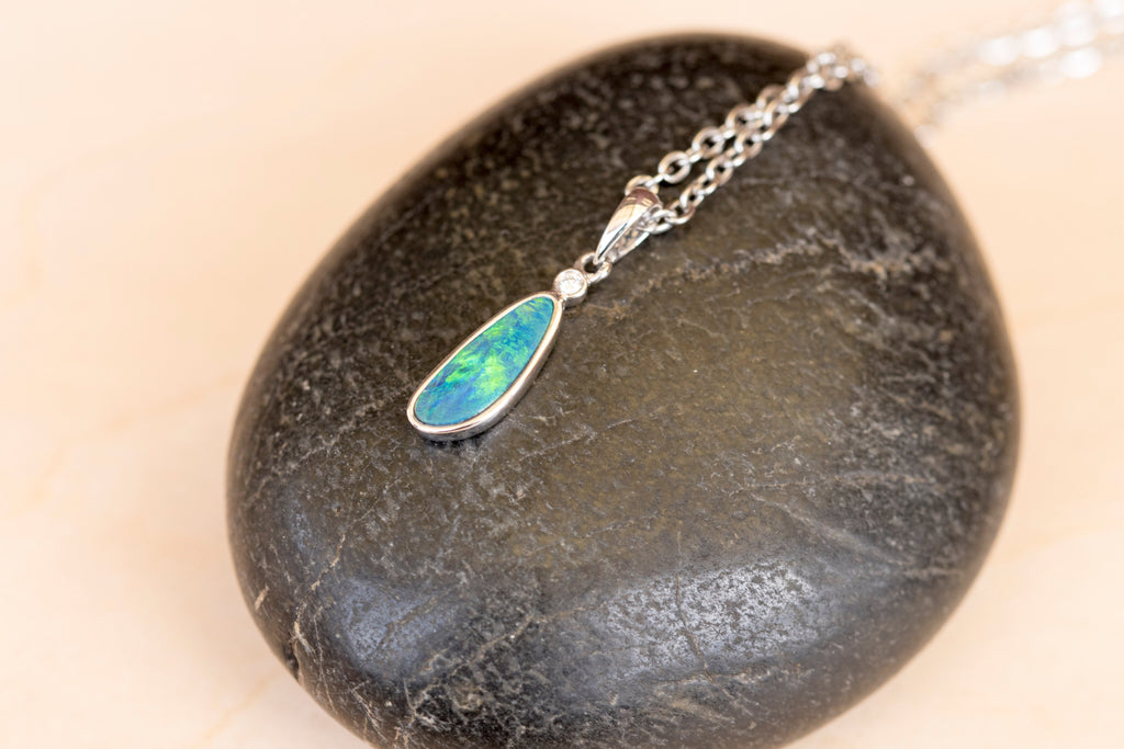 Australian Opal in 14K Solid White Gold - Fiery Opal Necklace - Genuine Australian Doublet Opal Gem Stone Pendant