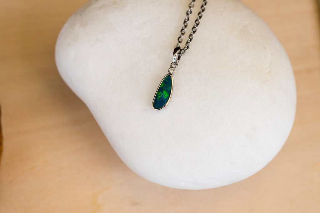 Australian Opal in 14K Solid White Gold - Fiery Opal Necklace - Genuine Australian Doublet Opal Gem Stone Pendant