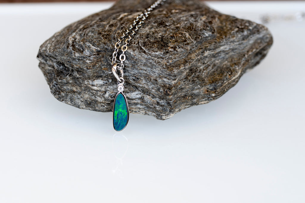 Australian Opal in 14K Solid White Gold - Fiery Opal Necklace - Genuine Australian Doublet Opal Gem Stone Pendant
