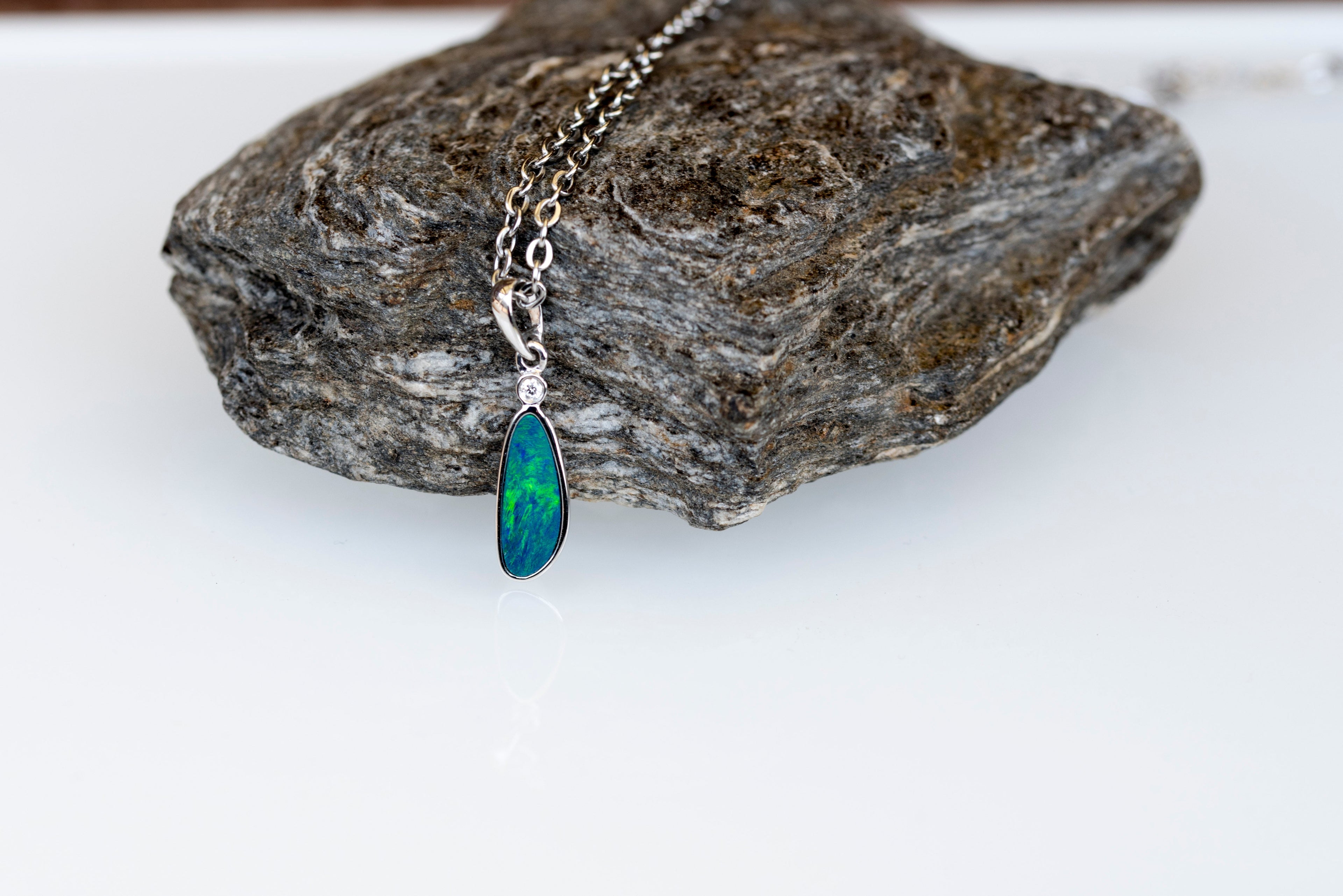 Australian Opal in 14K Solid White Gold - Fiery Opal Necklace - Genuine Australian Doublet Opal Gem Stone Pendant