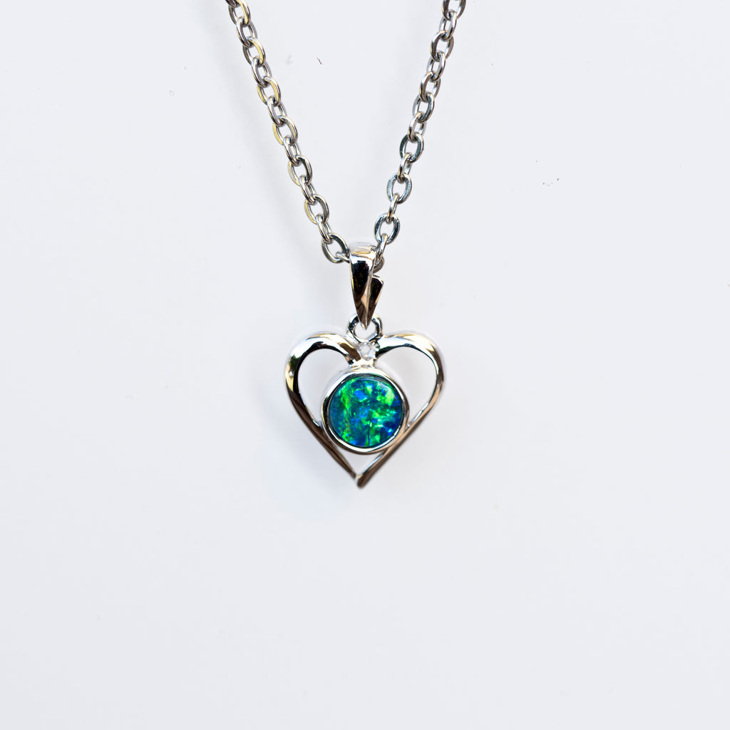 Premium Australian Opal in 14K Solid White Gold - Multi Color Fire Opal Necklace - Genuine Australian Doublet Opal Gem Stone Pendant