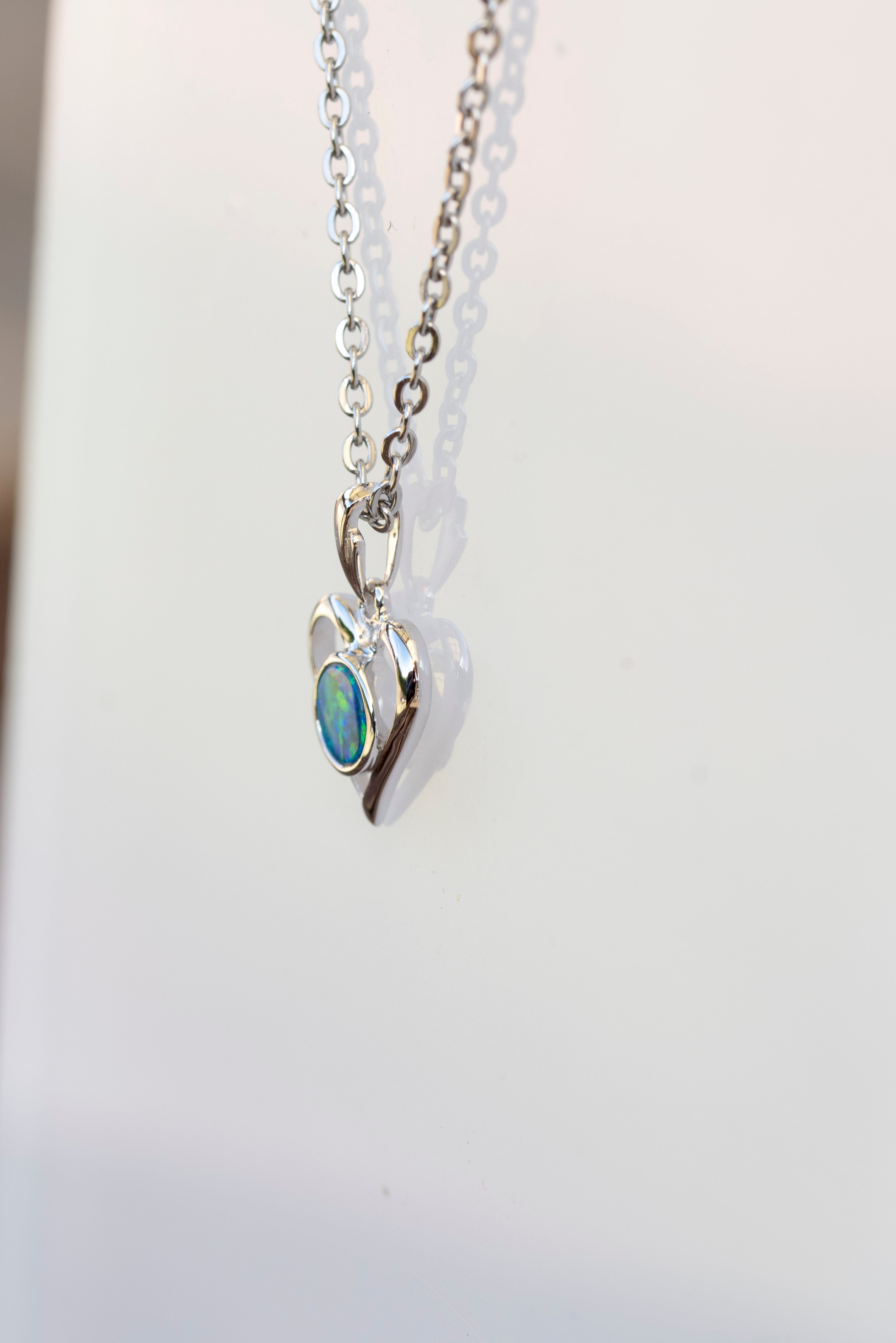 Premium Australian Opal in 14K Solid White Gold - Multi Color Fire Opal Necklace - Genuine Australian Doublet Opal Gem Stone Pendant