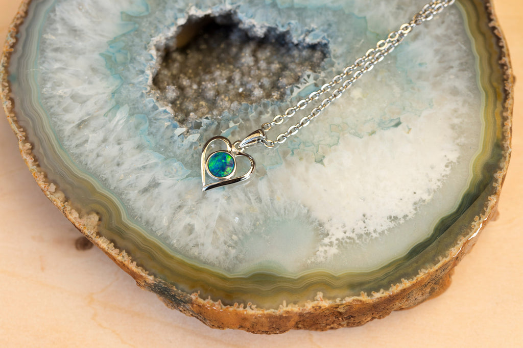 Premium Australian Opal in 14K Solid White Gold - Multi Color Fire Opal Necklace - Genuine Australian Doublet Opal Gem Stone Pendant