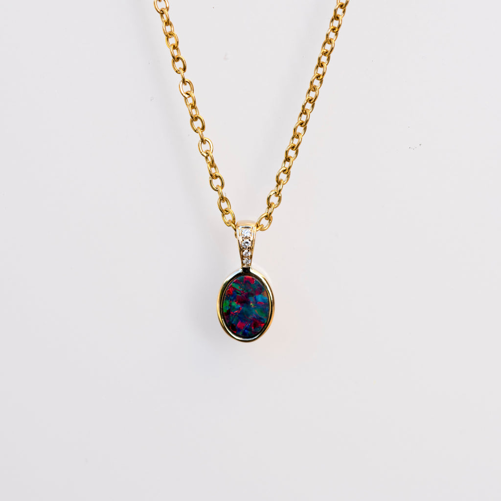 Australian Opal in 14K Solid Yellow Gold - Beautiful Multi Color Fire Opal Necklace - Genuine Australian Doublet Opal Gem Stone Pendant