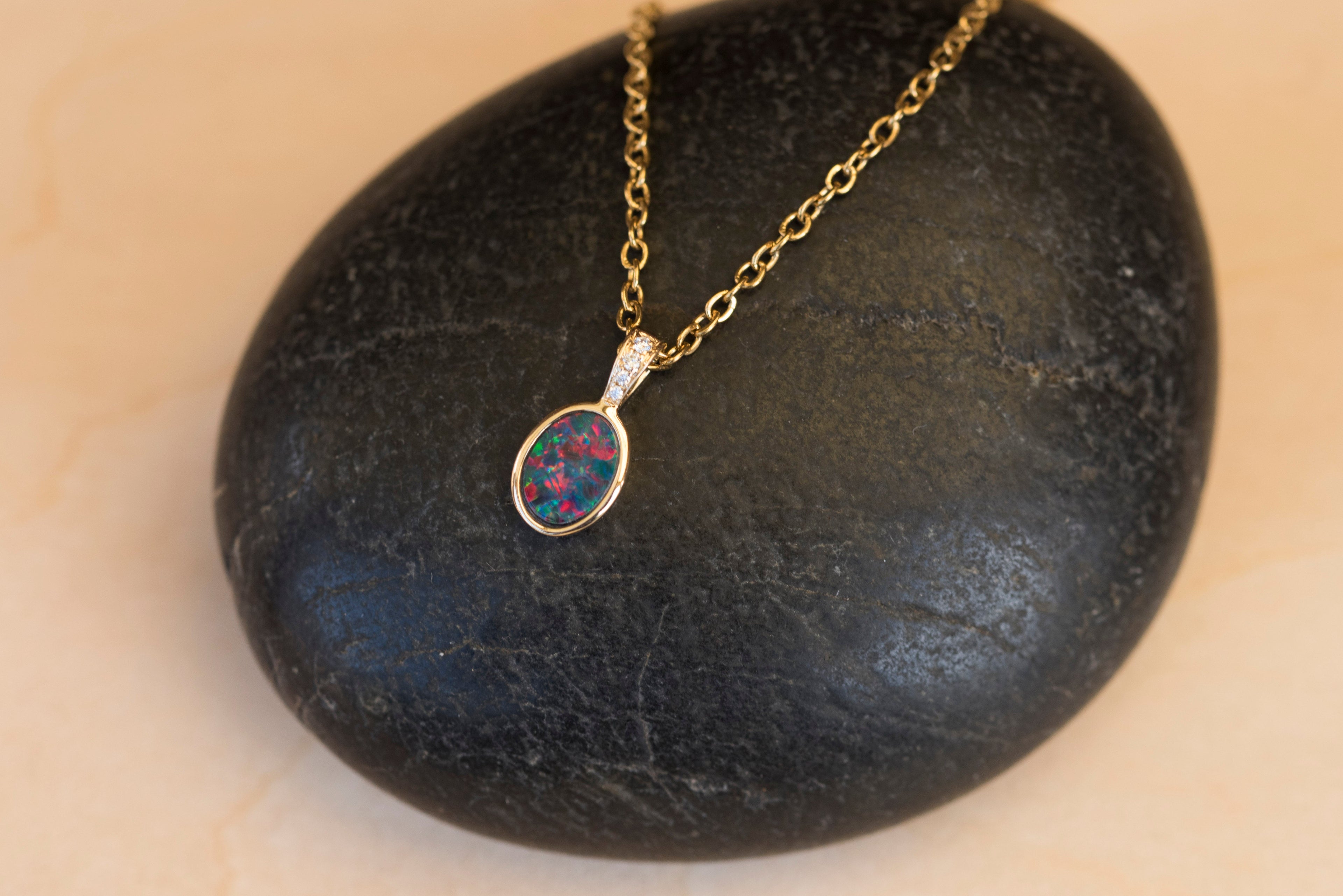 Australian Opal in 14K Solid Yellow Gold - Beautiful Multi Color Fire Opal Necklace - Genuine Australian Doublet Opal Gem Stone Pendant