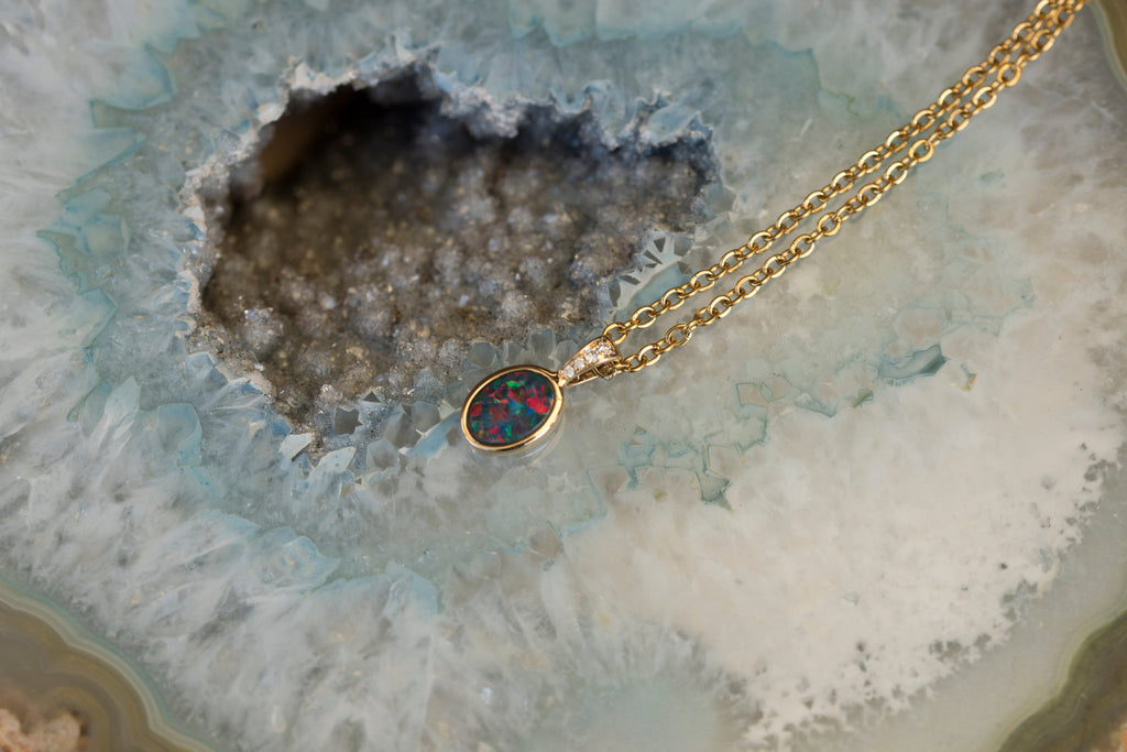 Australian Opal in 14K Solid Yellow Gold - Beautiful Multi Color Fire Opal Necklace - Genuine Australian Doublet Opal Gem Stone Pendant