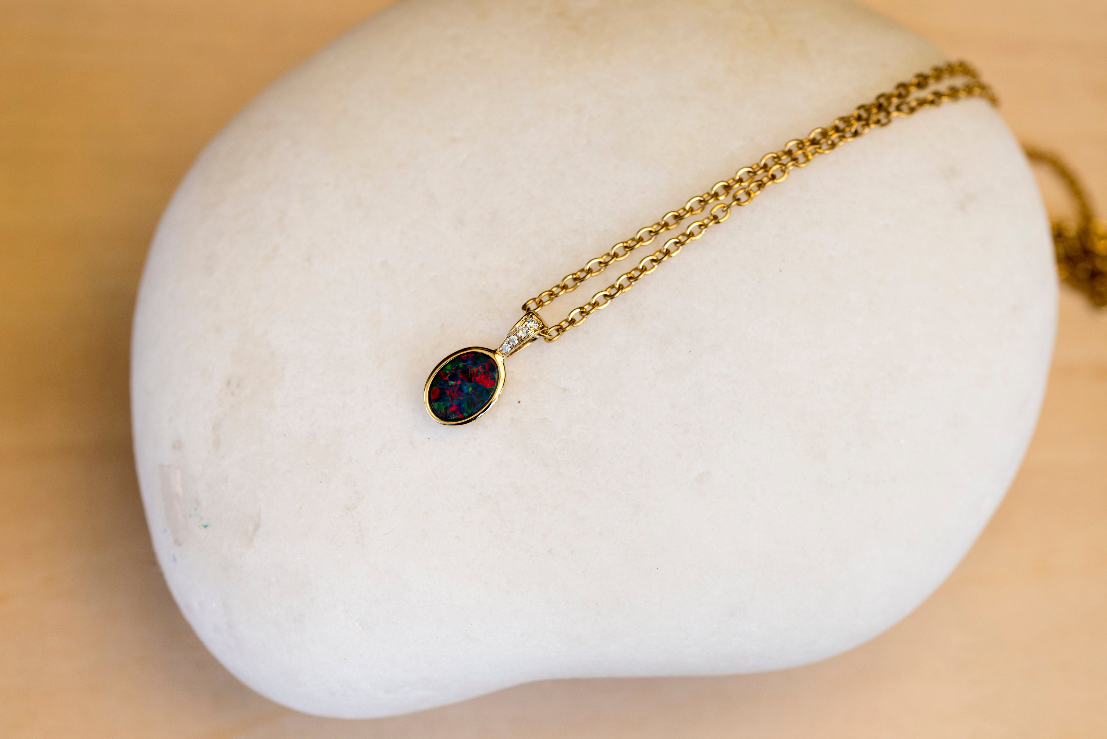 Australian Opal in 14K Solid Yellow Gold - Beautiful Multi Color Fire Opal Necklace - Genuine Australian Doublet Opal Gem Stone Pendant