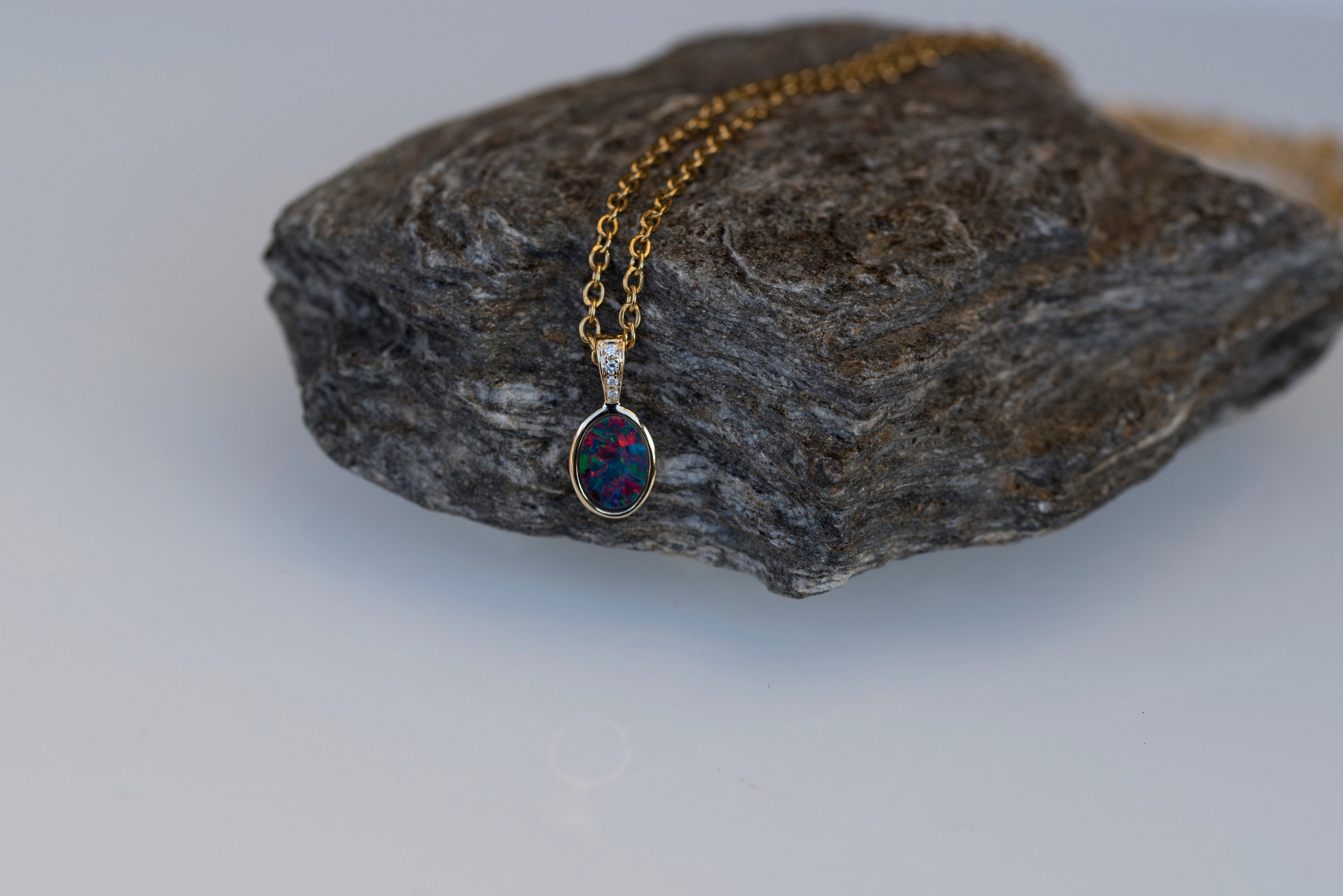 Australian Opal in 14K Solid Yellow Gold - Beautiful Multi Color Fire Opal Necklace - Genuine Australian Doublet Opal Gem Stone Pendant
