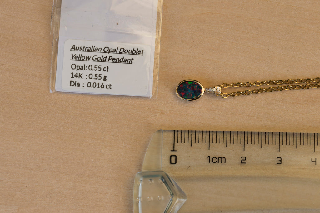 Australian Opal in 14K Solid Yellow Gold - Beautiful Multi Color Fire Opal Necklace - Genuine Australian Doublet Opal Gem Stone Pendant
