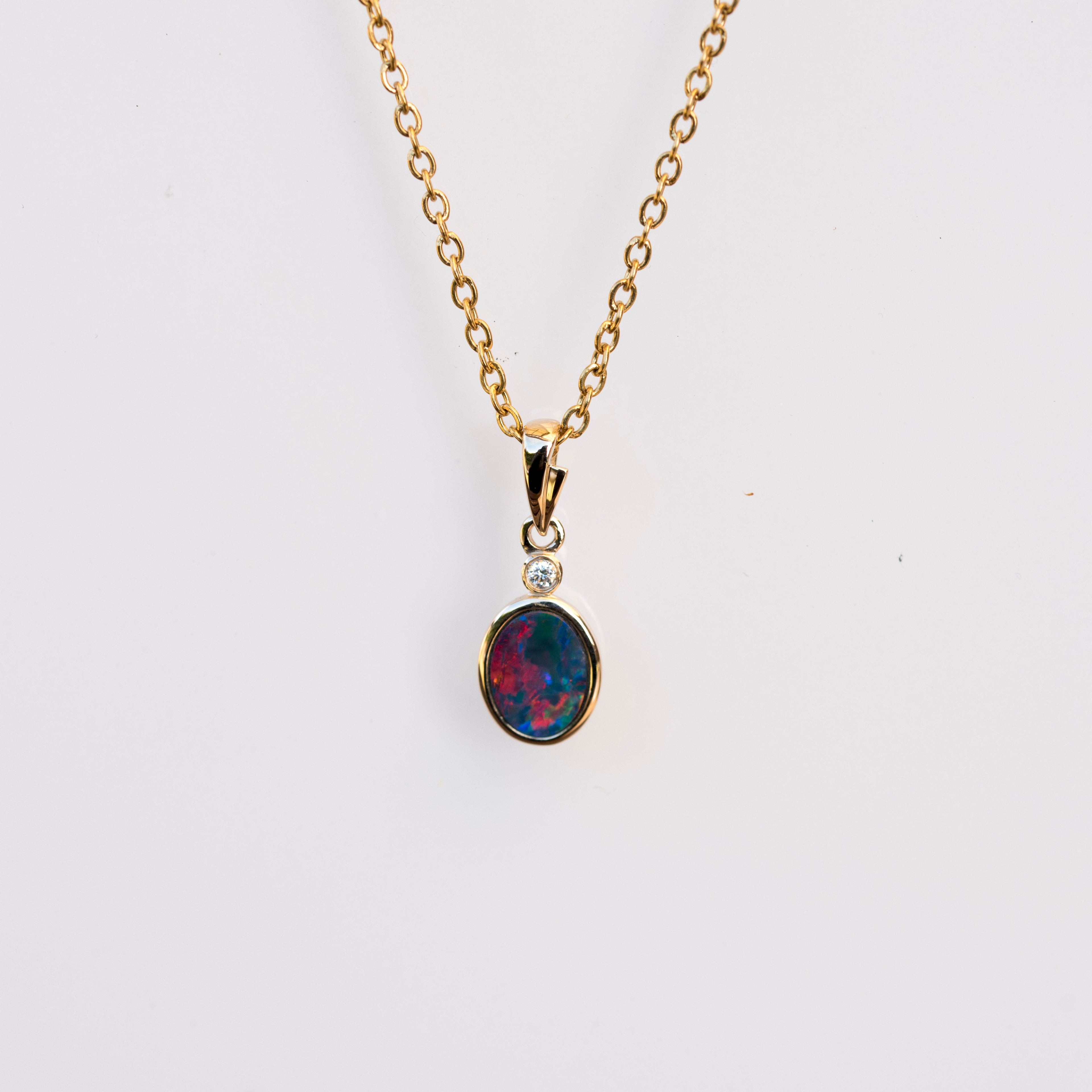 Australian Opal in 14K Solid Yellow Gold - Lovely Multi Color Fire Opal - Genuine Australian Doublet Opal Gem Stone Pendant Necklace