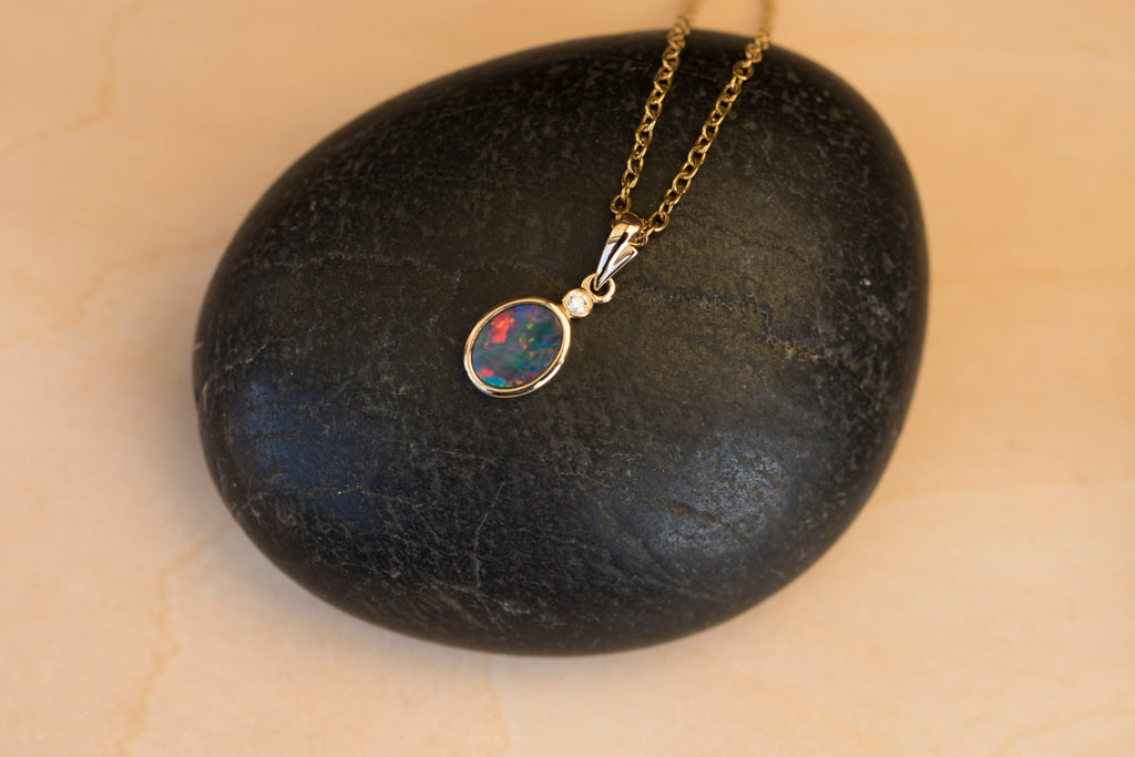 Australian Opal in 14K Solid Yellow Gold - Lovely Multi Color Fire Opal - Genuine Australian Doublet Opal Gem Stone Pendant Necklace