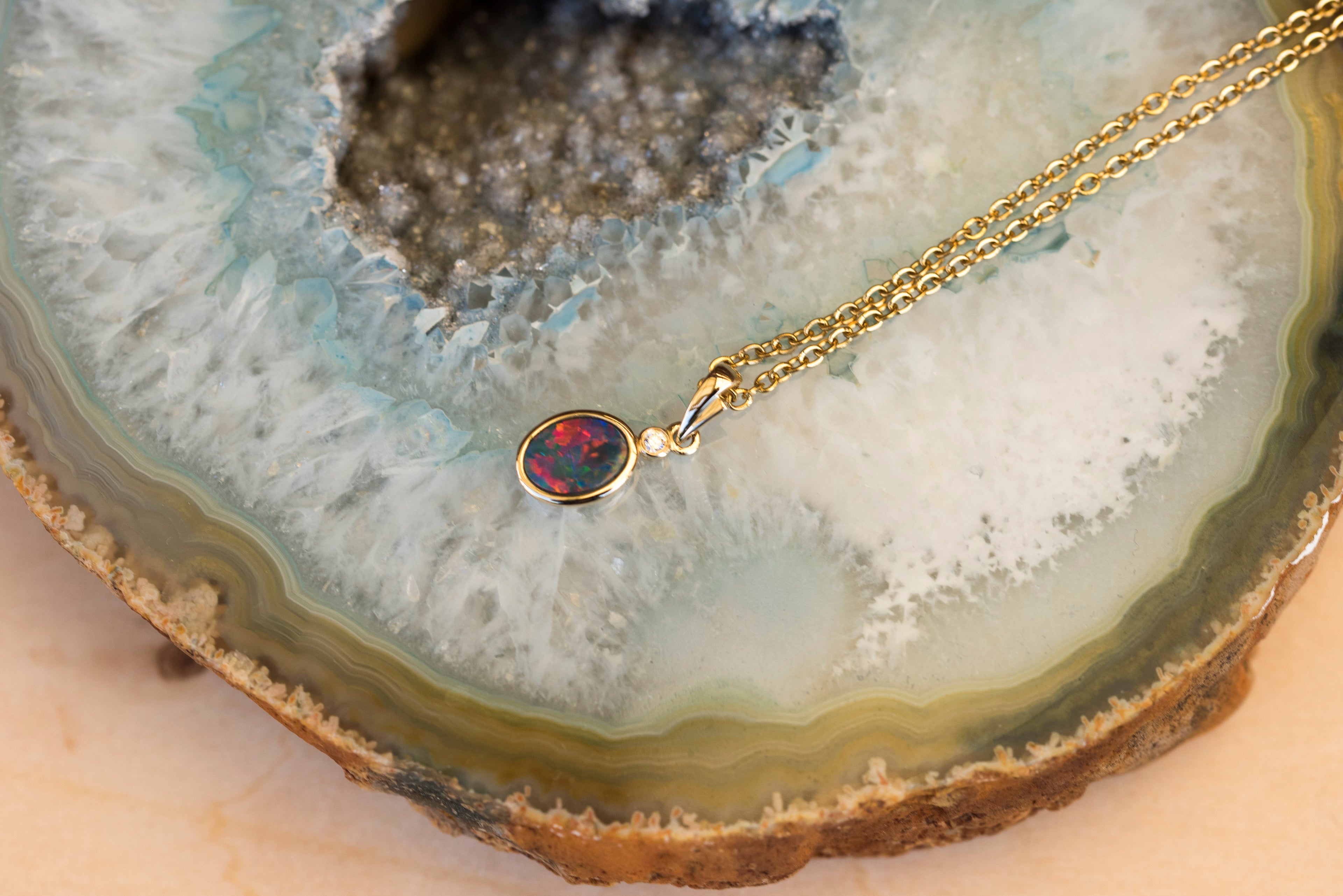 Australian Opal in 14K Solid Yellow Gold - Lovely Multi Color Fire Opal - Genuine Australian Doublet Opal Gem Stone Pendant Necklace