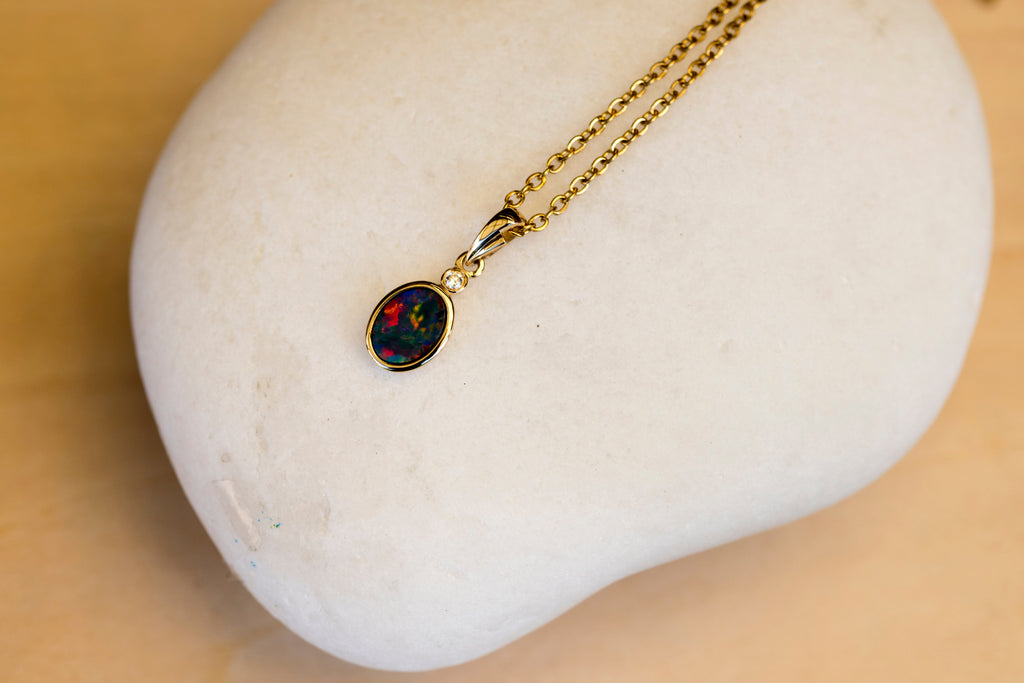 Australian Opal in 14K Solid Yellow Gold - Lovely Multi Color Fire Opal - Genuine Australian Doublet Opal Gem Stone Pendant Necklace