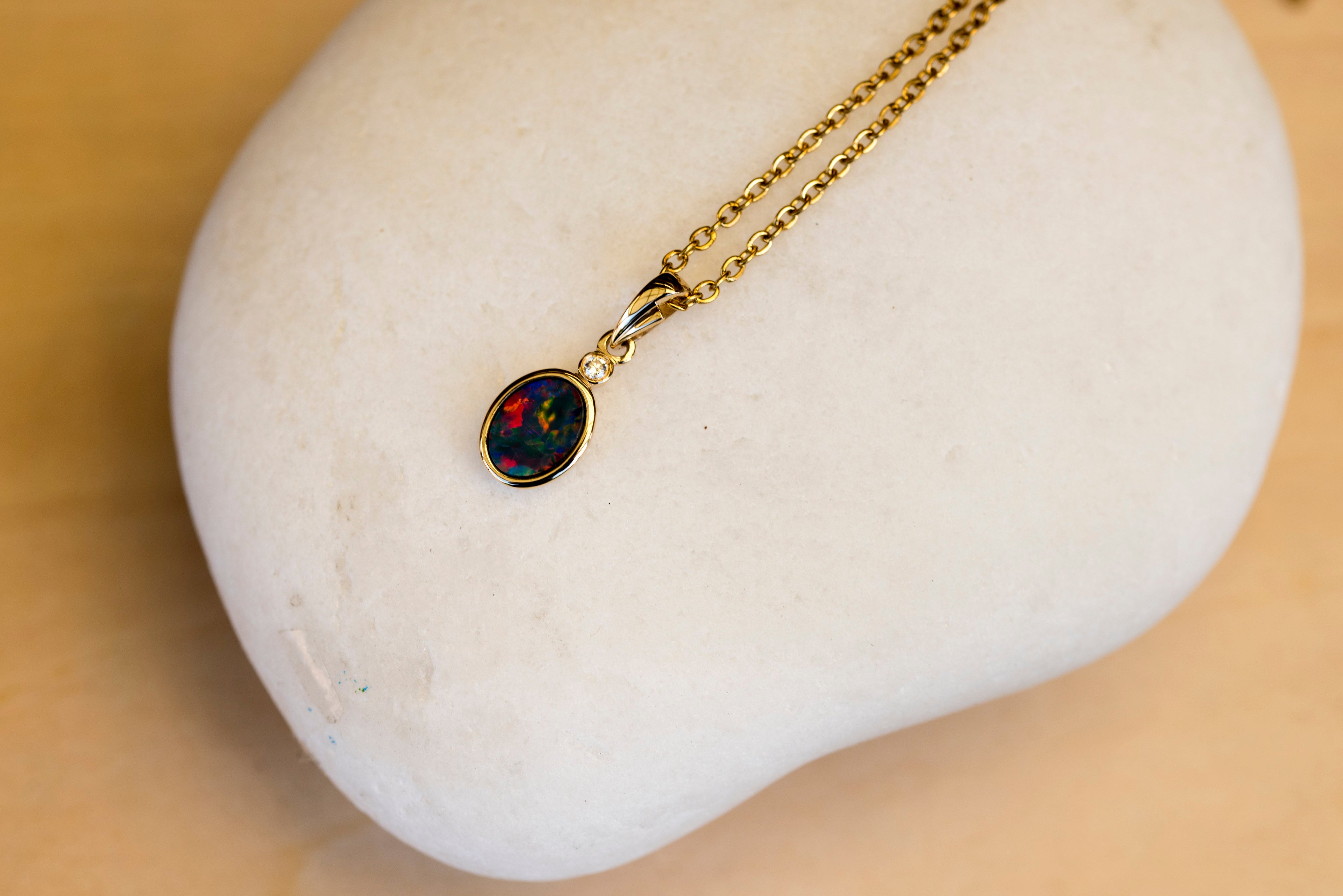 Australian Opal in 14K Solid Yellow Gold - Lovely Multi Color Fire Opal - Genuine Australian Doublet Opal Gem Stone Pendant Necklace
