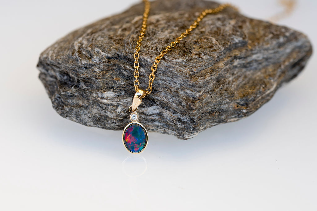 Australian Opal in 14K Solid Yellow Gold - Lovely Multi Color Fire Opal - Genuine Australian Doublet Opal Gem Stone Pendant Necklace
