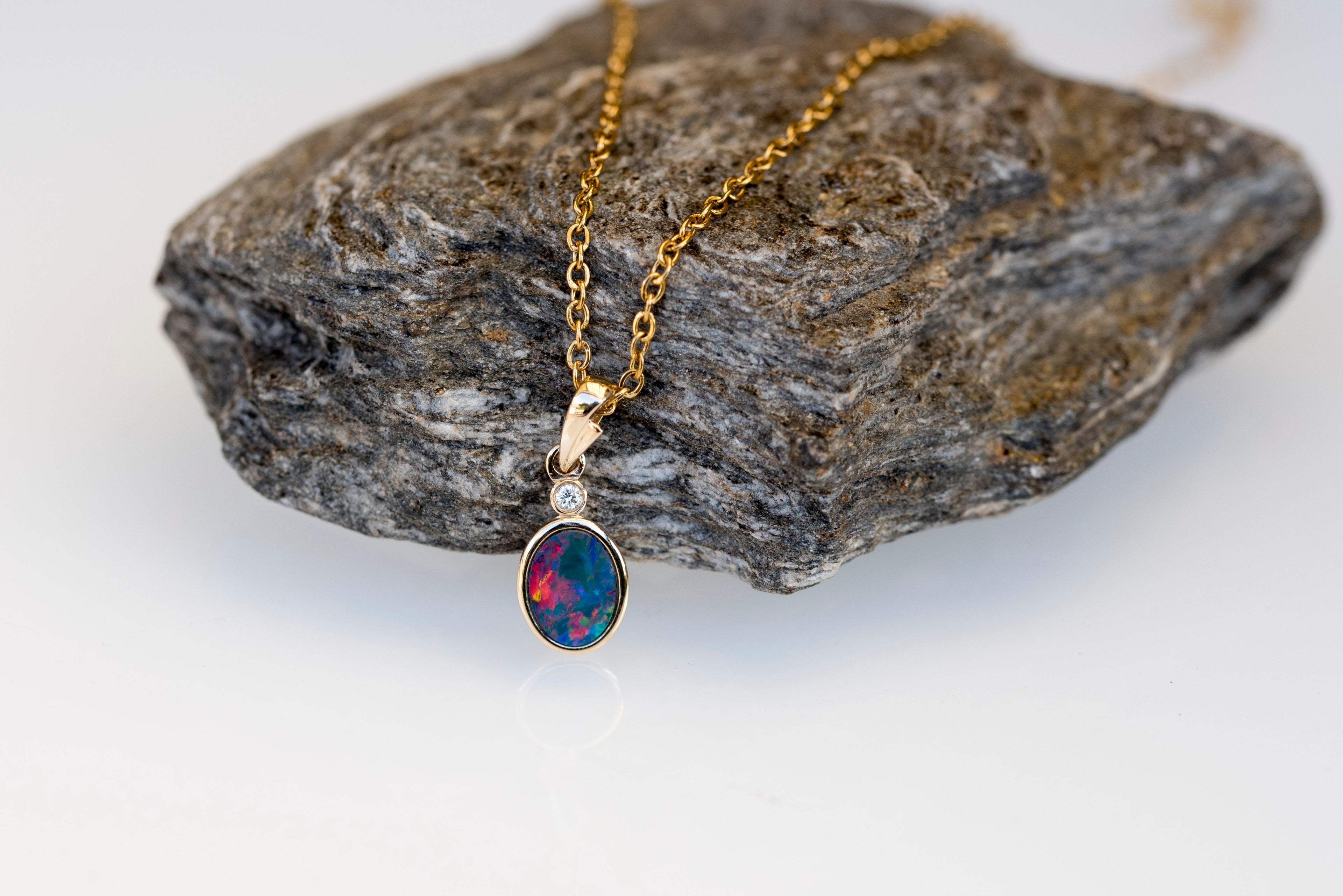 Australian Opal in 14K Solid Yellow Gold - Lovely Multi Color Fire Opal - Genuine Australian Doublet Opal Gem Stone Pendant Necklace