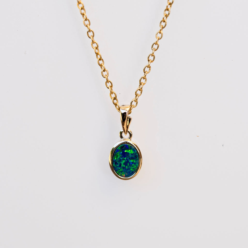 Australian Opal in 14K Solid Yellow Gold - Eternal Multi Color Fire Opal Necklace - Genuine Australian Doublet Opal Gem Stone Pendant