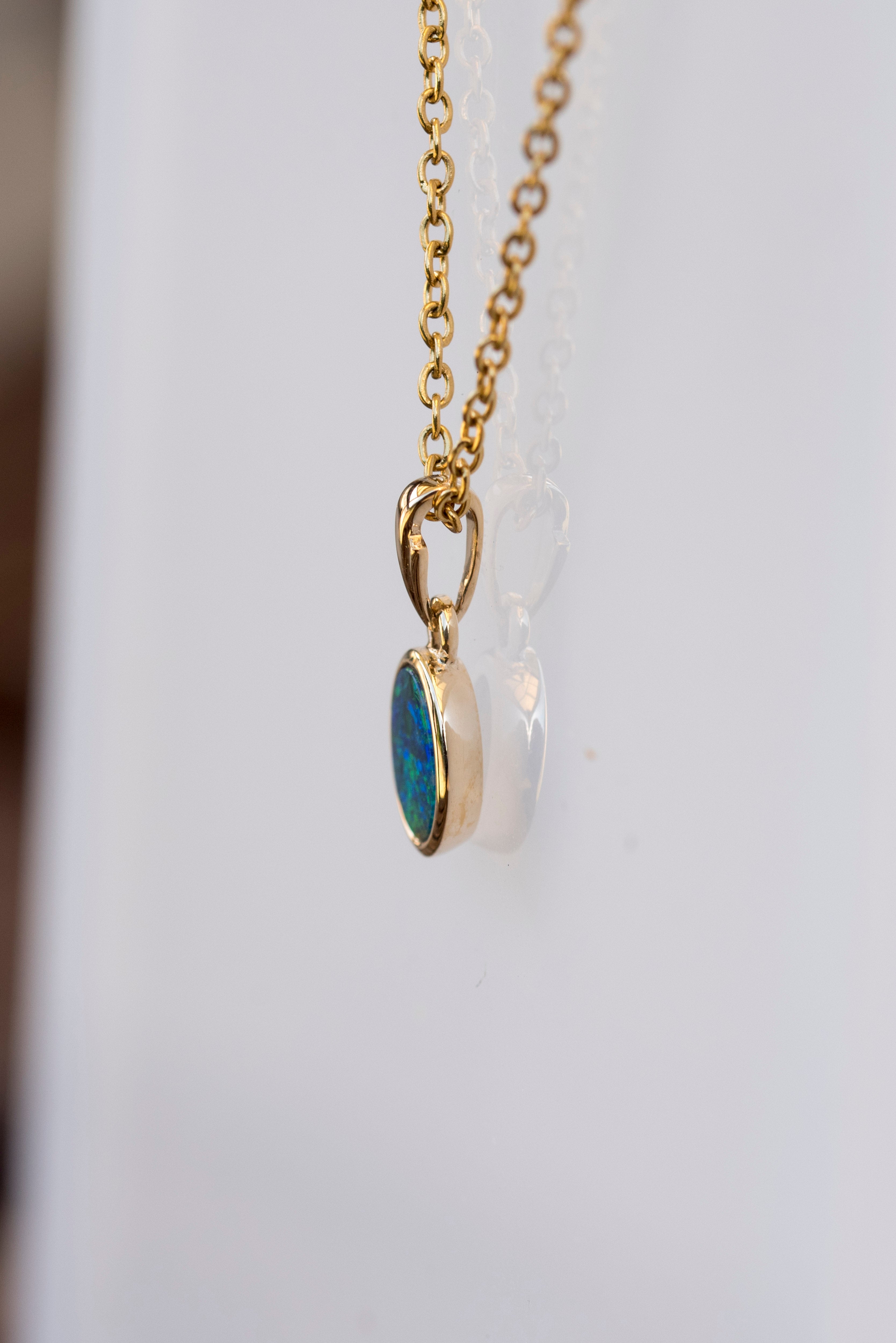 Australian Opal in 14K Solid Yellow Gold - Eternal Multi Color Fire Opal Necklace - Genuine Australian Doublet Opal Gem Stone Pendant