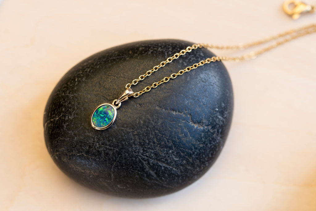 Australian Opal in 14K Solid Yellow Gold - Eternal Multi Color Fire Opal Necklace - Genuine Australian Doublet Opal Gem Stone Pendant