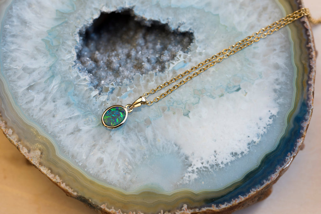 Australian Opal in 14K Solid Yellow Gold - Eternal Multi Color Fire Opal Necklace - Genuine Australian Doublet Opal Gem Stone Pendant