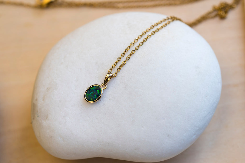 Australian Opal in 14K Solid Yellow Gold - Eternal Multi Color Fire Opal Necklace - Genuine Australian Doublet Opal Gem Stone Pendant