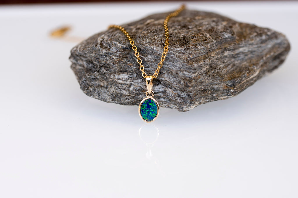 Australian Opal in 14K Solid Yellow Gold - Eternal Multi Color Fire Opal Necklace - Genuine Australian Doublet Opal Gem Stone Pendant