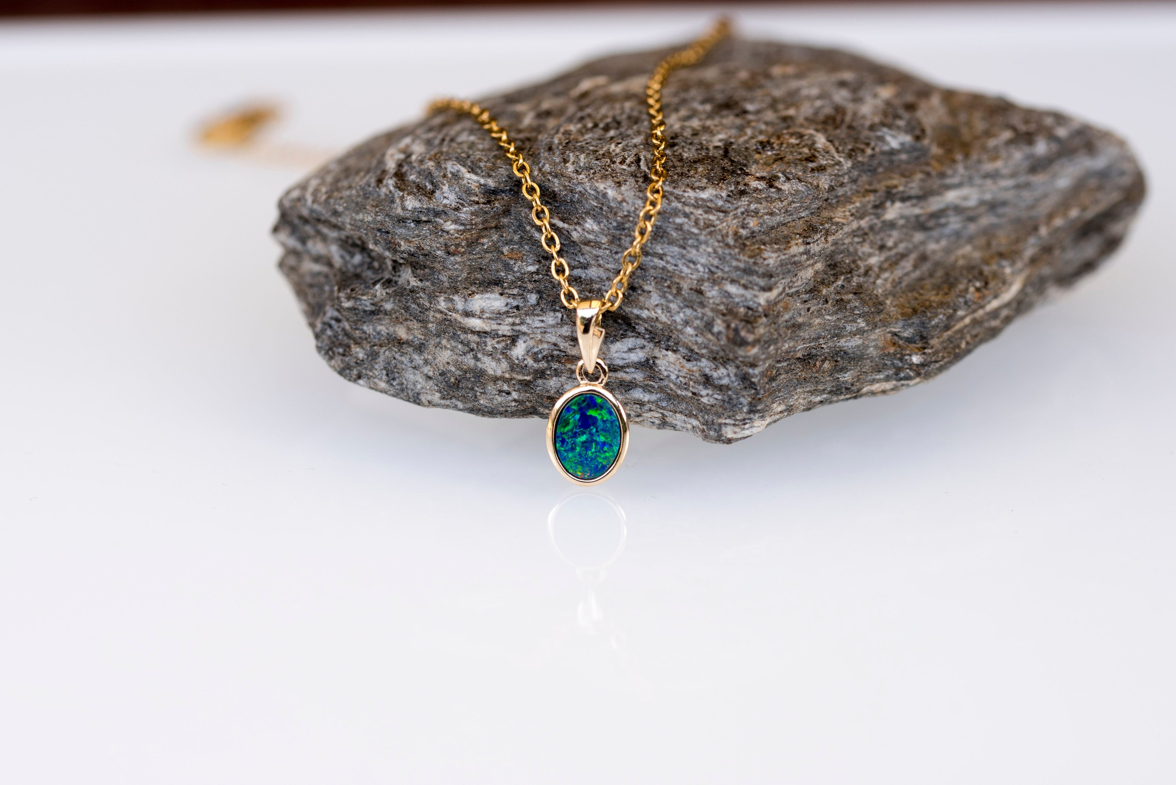 Australian Opal in 14K Solid Yellow Gold - Eternal Multi Color Fire Opal Necklace - Genuine Australian Doublet Opal Gem Stone Pendant