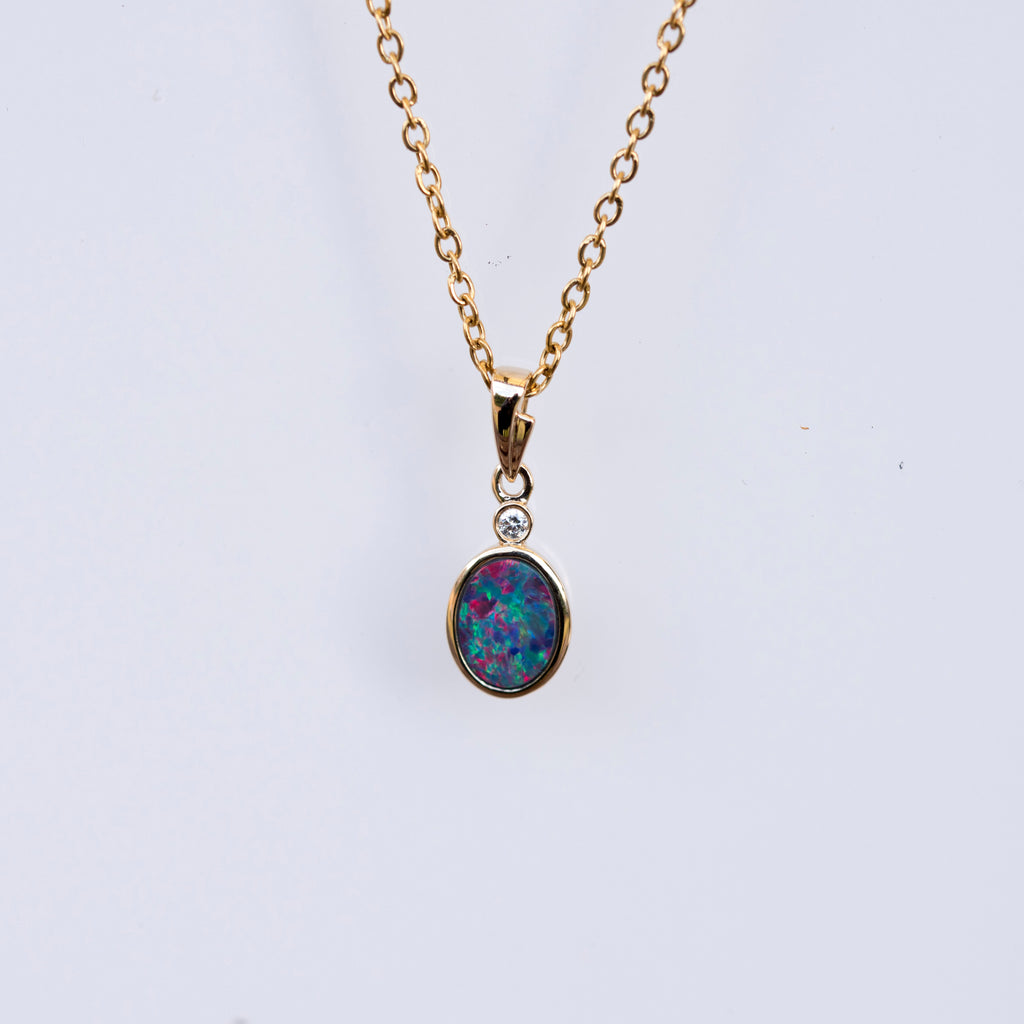 Australian Opal in 14K Solid Yellow Gold - Multi Color Fire Opal Necklace -  Genuine Australian Doublet Opal Gem Stone Pendant