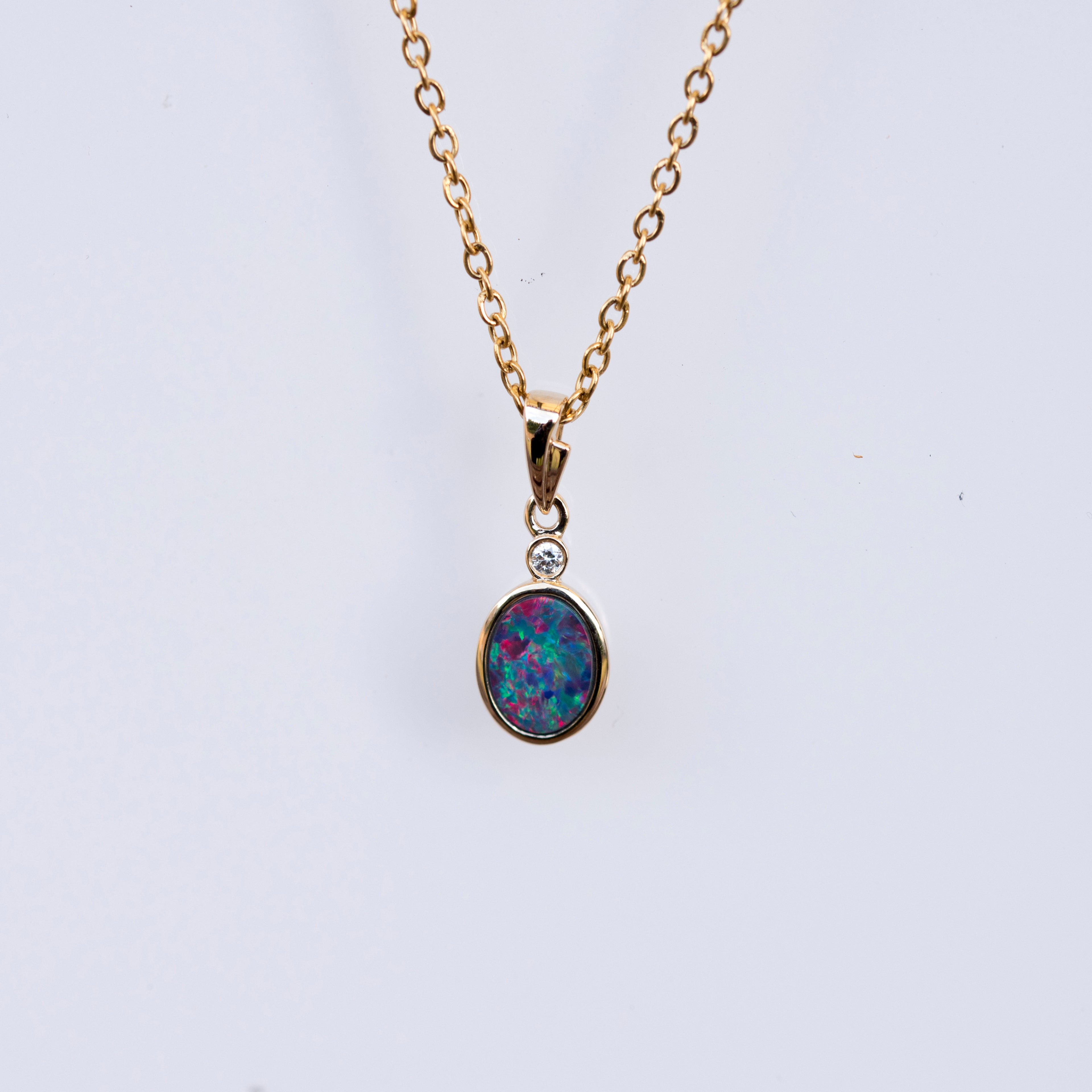 Australian Opal in 14K Solid Yellow Gold - Multi Color Fire Opal Necklace -  Genuine Australian Doublet Opal Gem Stone Pendant