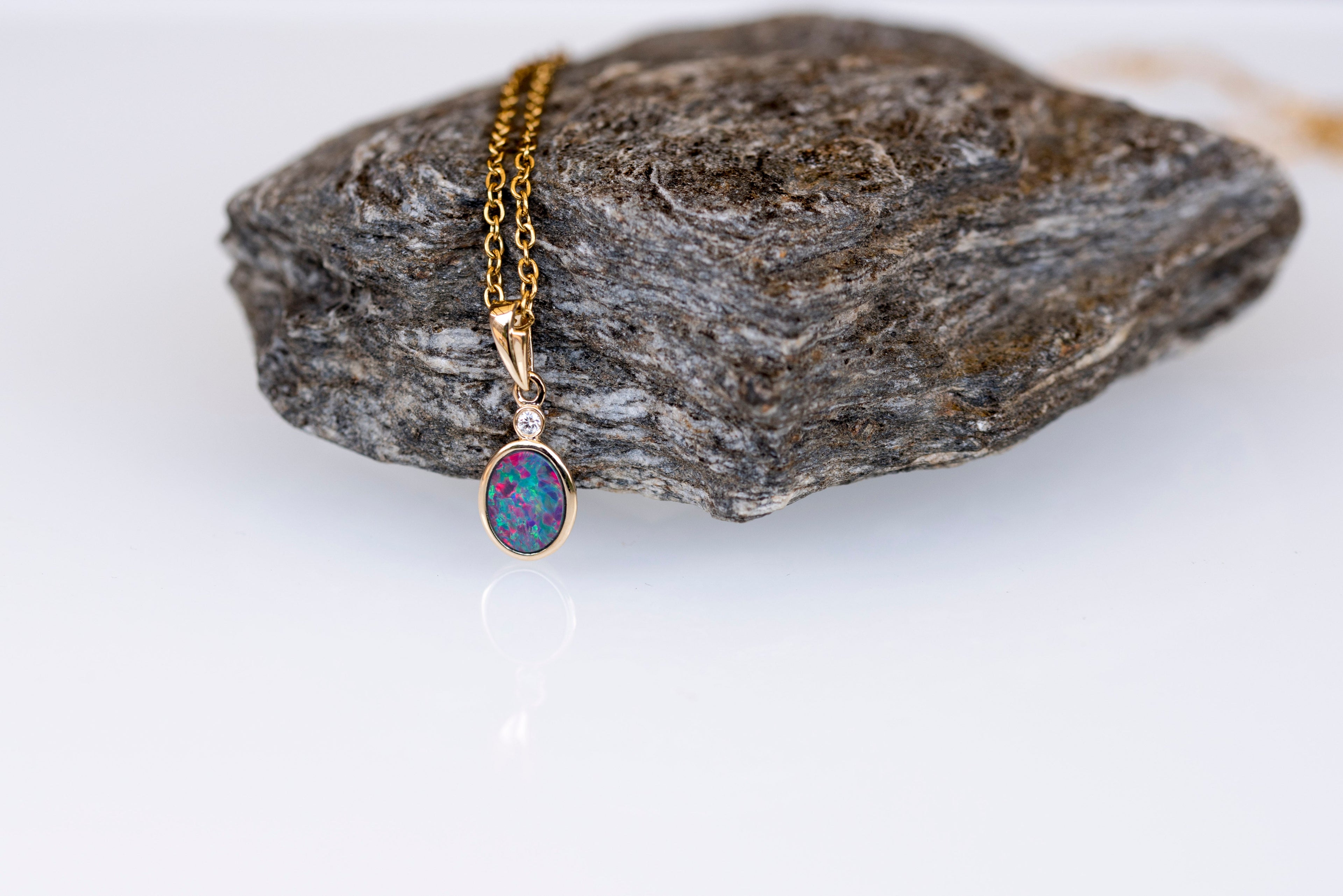 Australian Opal in 14K Solid Yellow Gold - Multi Color Fire Opal Necklace -  Genuine Australian Doublet Opal Gem Stone Pendant