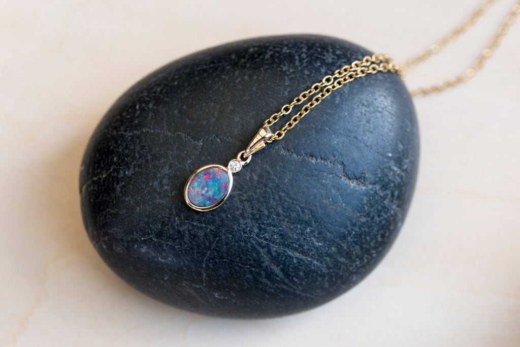 Australian Opal in 14K Solid Yellow Gold - Multi Color Fire Opal Necklace -  Genuine Australian Doublet Opal Gem Stone Pendant