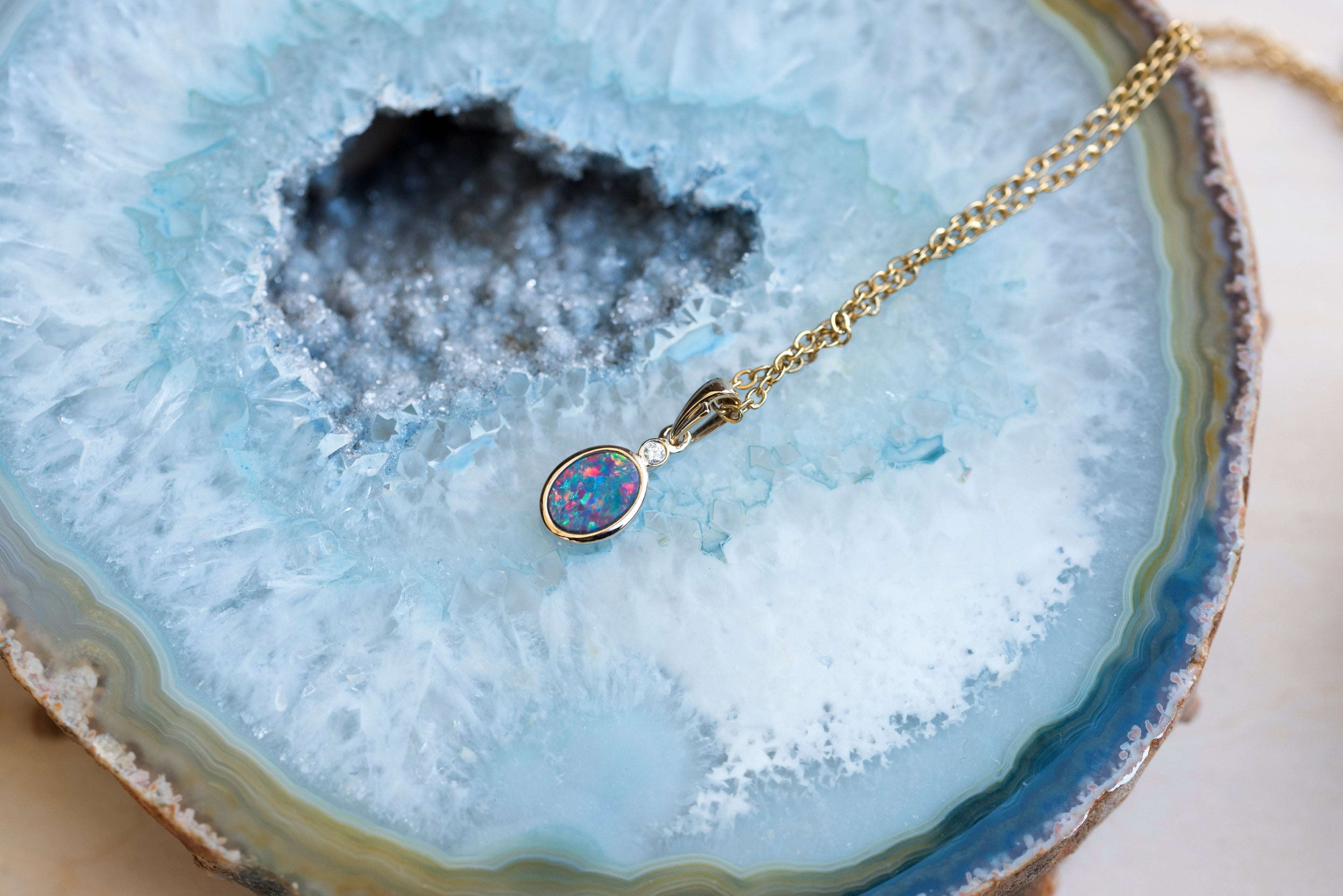 Australian Opal in 14K Solid Yellow Gold - Multi Color Fire Opal Necklace -  Genuine Australian Doublet Opal Gem Stone Pendant