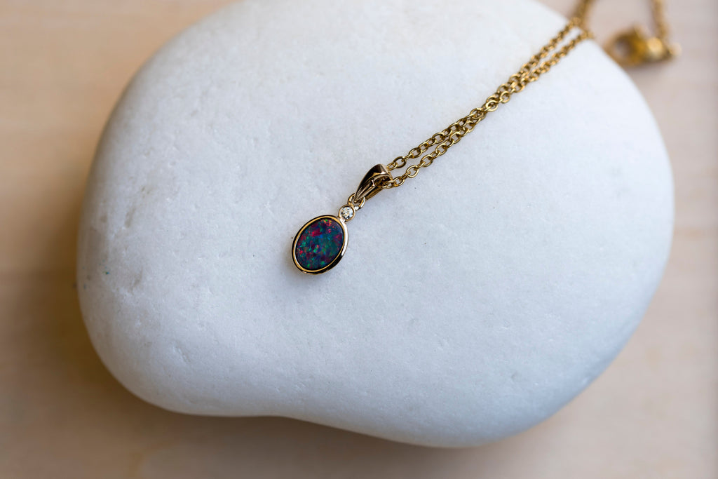 Australian Opal in 14K Solid Yellow Gold - Multi Color Fire Opal Necklace -  Genuine Australian Doublet Opal Gem Stone Pendant