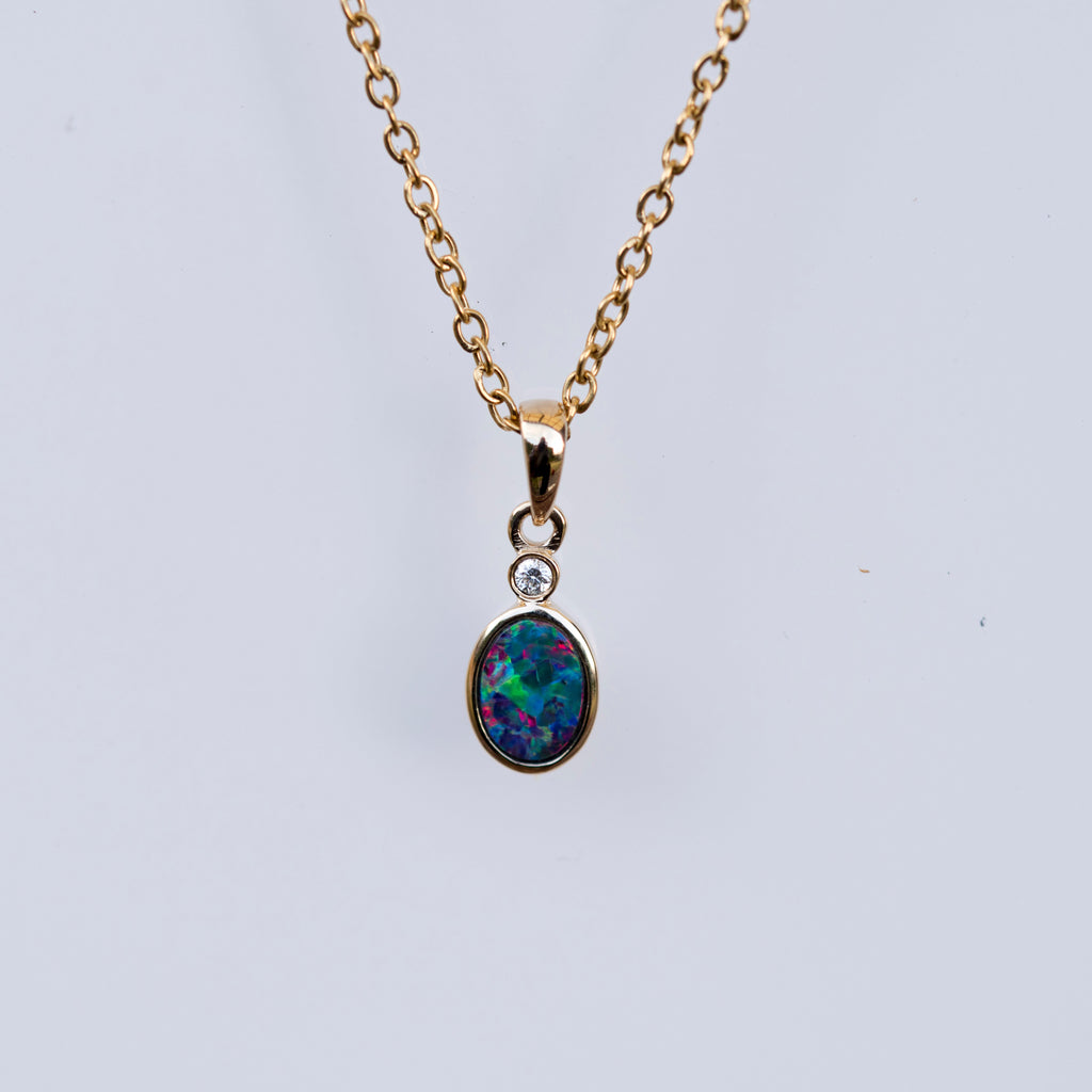 Australian Opal in 14K Solid Yellow Gold - Multi Color Fire Opal Necklace -  Genuine Australian Doublet Opal Gem Stone Pendant