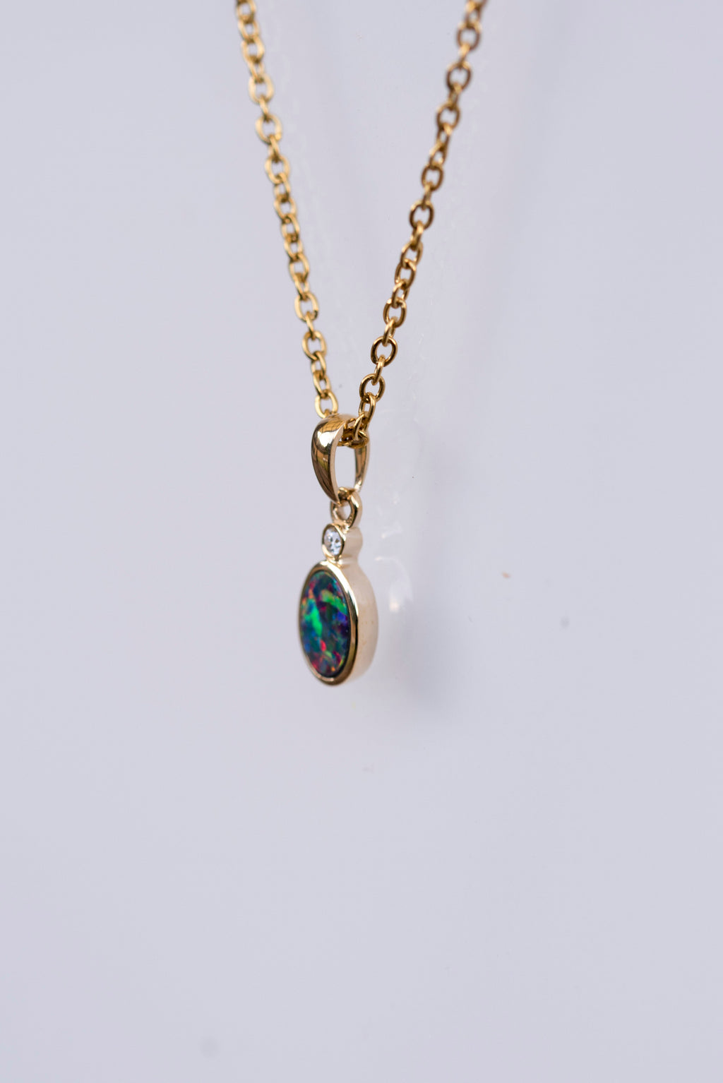 Australian Opal in 14K Solid Yellow Gold - Multi Color Fire Opal Necklace -  Genuine Australian Doublet Opal Gem Stone Pendant