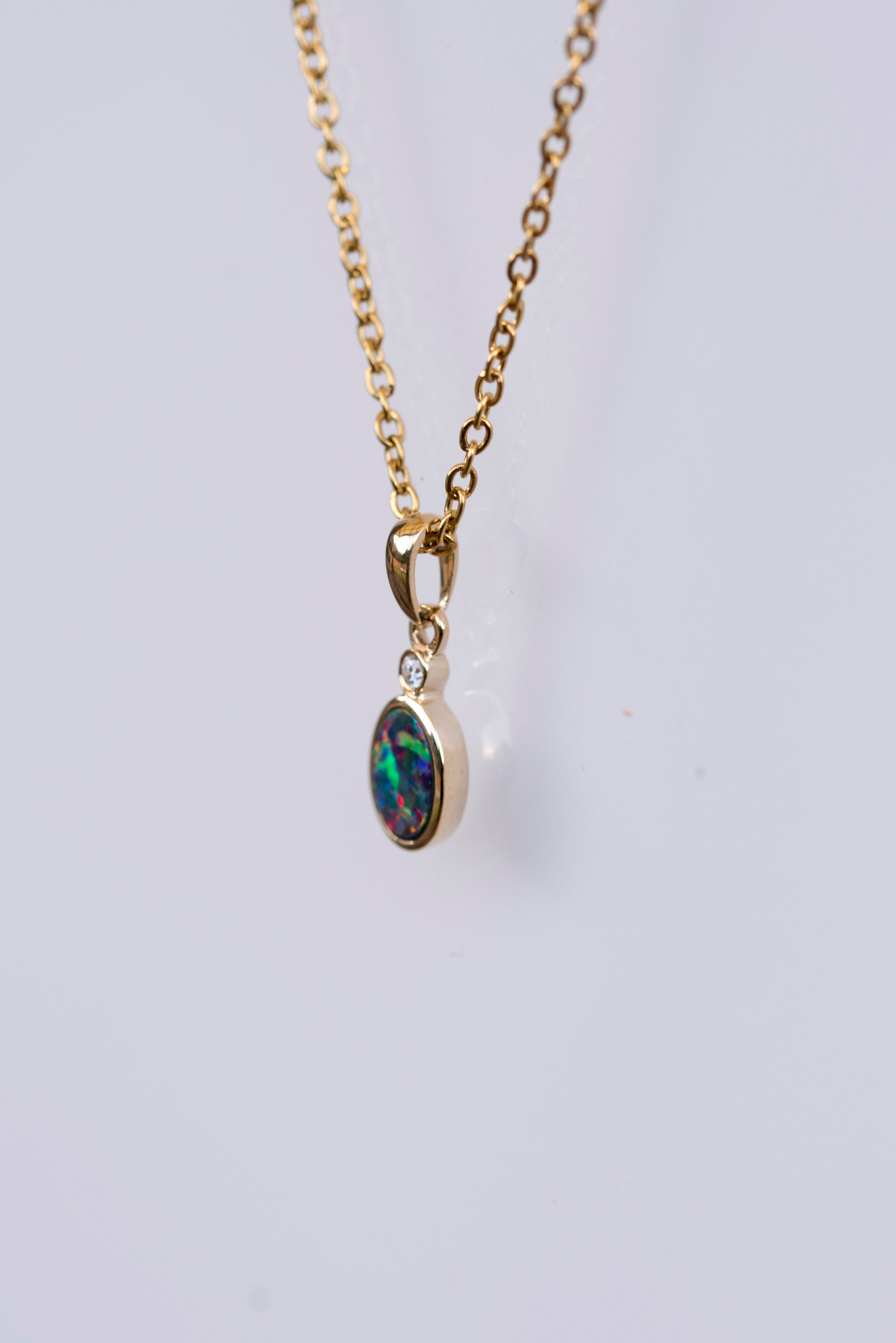 Australian Opal in 14K Solid Yellow Gold - Multi Color Fire Opal Necklace -  Genuine Australian Doublet Opal Gem Stone Pendant