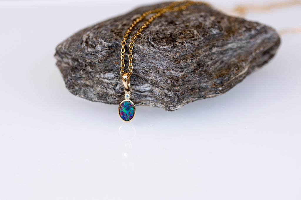 Australian Opal in 14K Solid Yellow Gold - Multi Color Fire Opal Necklace -  Genuine Australian Doublet Opal Gem Stone Pendant
