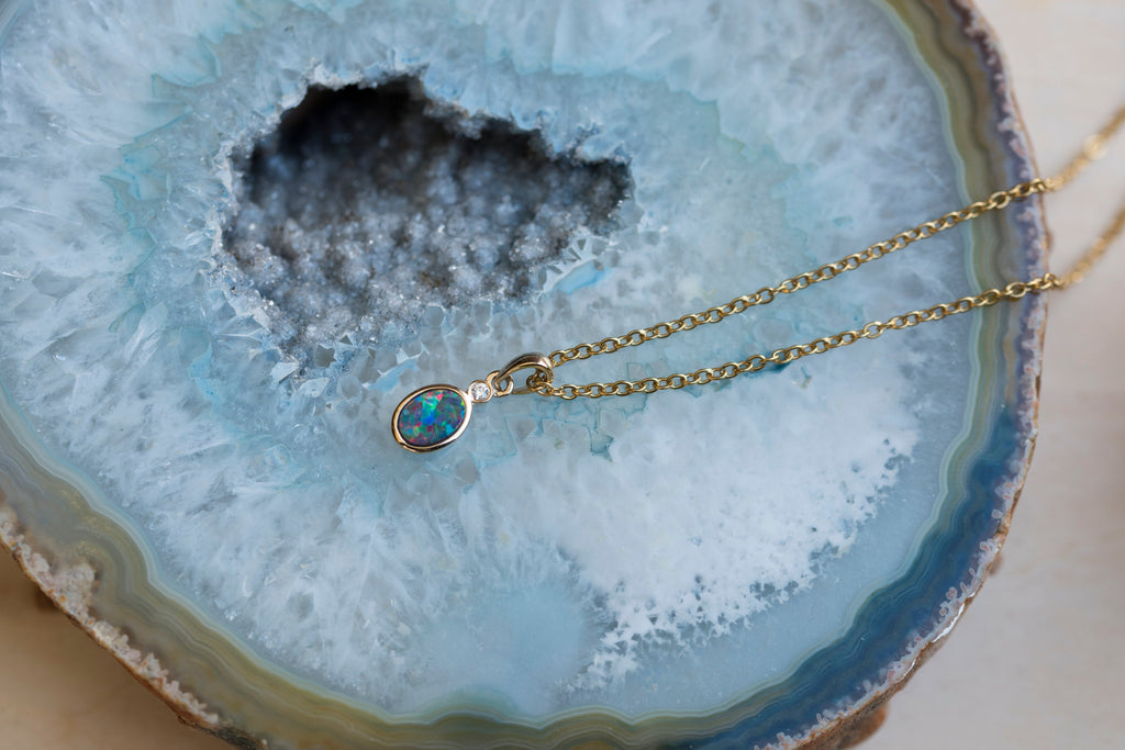 Australian Opal in 14K Solid Yellow Gold - Multi Color Fire Opal Necklace -  Genuine Australian Doublet Opal Gem Stone Pendant