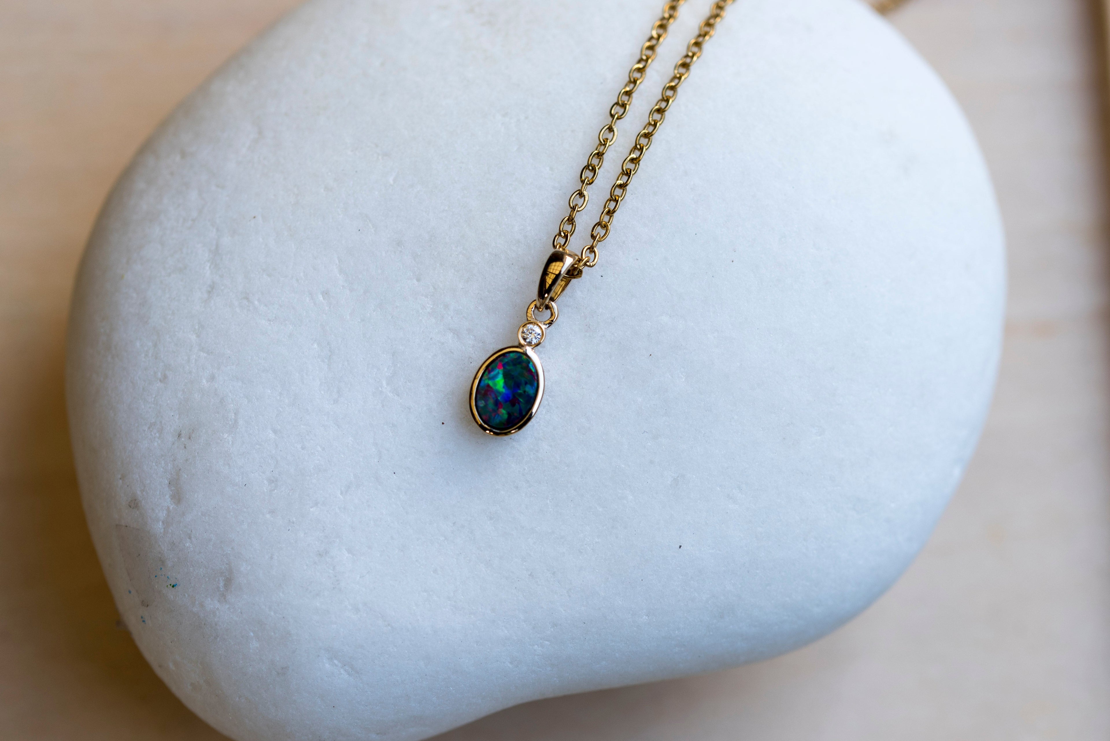 Australian Opal in 14K Solid Yellow Gold - Multi Color Fire Opal Necklace -  Genuine Australian Doublet Opal Gem Stone Pendant