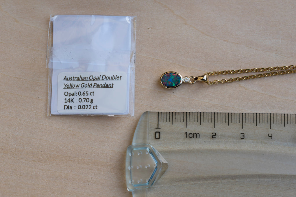 Australian Opal in 14K Solid Yellow Gold - Multi Color Fire Opal Necklace -  Genuine Australian Doublet Opal Gem Stone Pendant